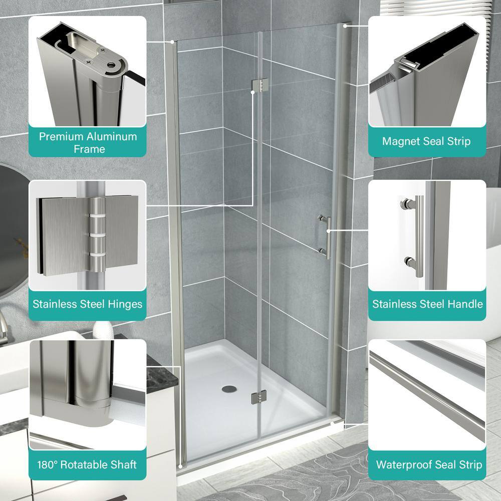31.4" Brushed Nickel Semi-Frameless Bi-Fold Shower Door with Clear Glass