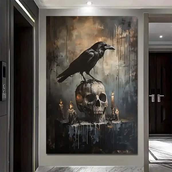 Wooden Framed Canvas Wall Art, 24 x 16, Crow on Skull with Candles