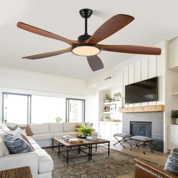 62 in. Brown Downrod Mount Standard Ceiling Fan with Remote Control, 3-Color Dim, 5 Reversible Wood Blades