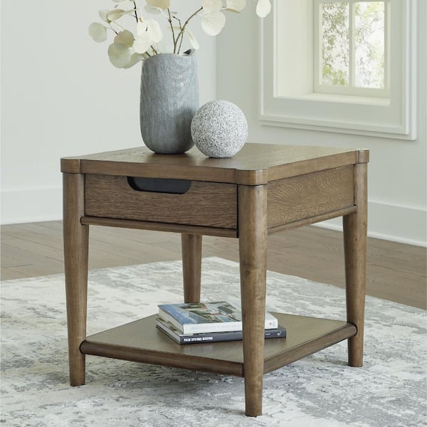 Roanhowe 24.13 in. Brown Rectangle Wood End Table with Shelf and Drawer