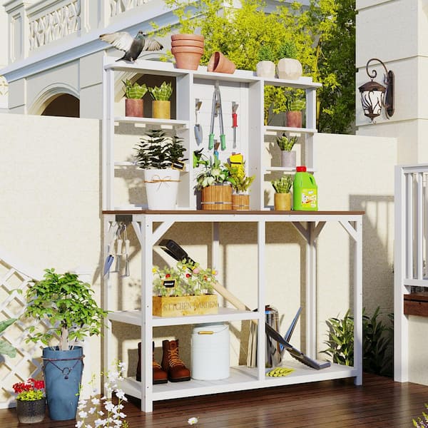 Boosicavelly 47.2 in. x 18.9 in. x 64.6 in. White Outdoor Wood Potting Bench Table with 6-Tier Shelve