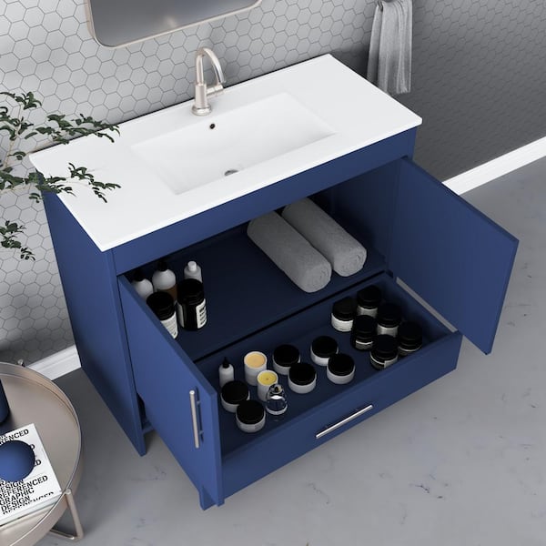 Pacific 40 in. W x 18 in. D x 34 in. H Bath Vanity in Navy with White Ceramic Vanity Top with White Basin
