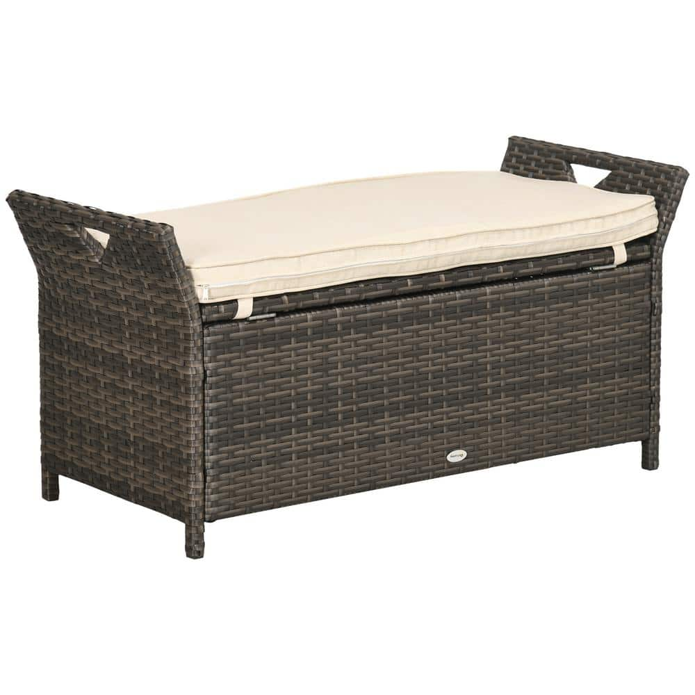 Otryad 27 gal. Cream White Steel Outdoor Storage Bench, PE Rattan Patio ...