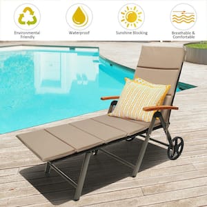 Folding Rattan Aluminum Patio Lounge Chair Chaise with Brown Cushioned Adjust Wheel
