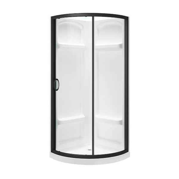 Breeze 33 in. L x 33 in. W x 77 in. H Corner Shower Kit with Clear Sliding Door in Black, Shower Pan, and Walls