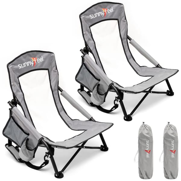 Clihome Outdoor Metal Frame Grey Folding Beach Chair with Side Pocket (Set of 2)