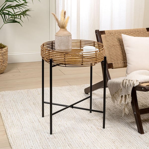 Malia 20 in. Coastal Bohemian Faux Rattan Round Wicker Tray End Table with Metal Base, Brown
