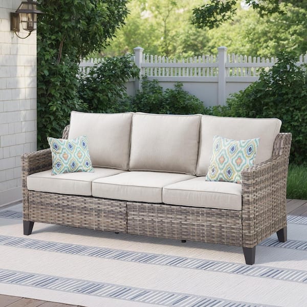1-Piece Wicker Outdoor Couch with Beige Cushions