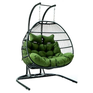 Wicker 2-Person Double Folding Hanging Egg Swing Chair Porch Swing with Dark Green Cushions