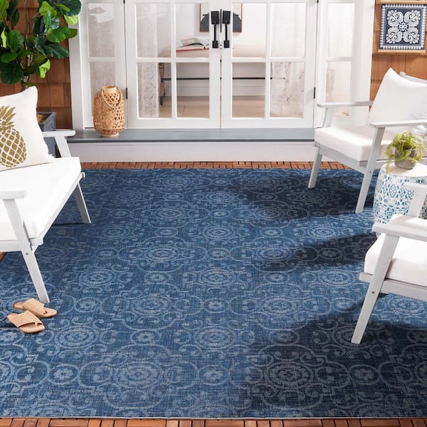 Courtyard Navy/Beige 8 ft. x 11 ft. Antique Floral Indoor/Outdoor Area Rug