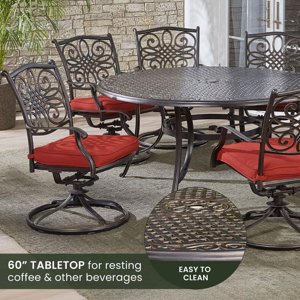 Classic Round Aluminum Outdoor Dining Set with Red Cushions
