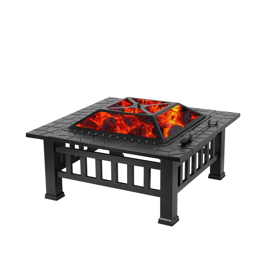 Upland 32.00 in. x 18 in. Square Metal Charcoal Black Fire Pit with Cover