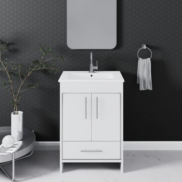 VOLPA USA AMERICAN CRAFTED VANITIES Pacific 24 in. x 18 in. D x 35 in H Bath Vanity in Glossy White with Ceramic Vanity Top in White with White Basin
