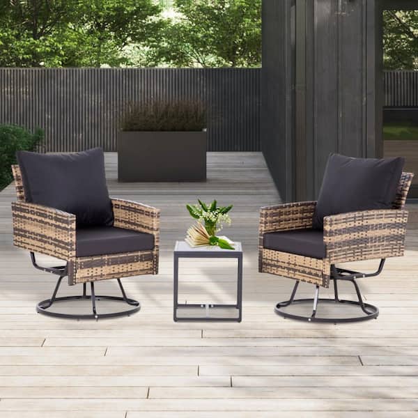 Tenleaf 3-Piece Brown Wicker Outdoor Bistro Set Patio Seating Set with Black Cushions, 2 Swivel Chairs and 1 Coffee Table