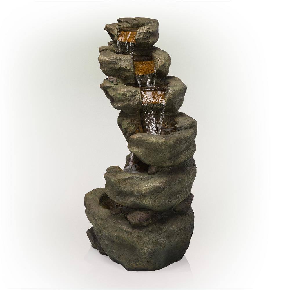 48" Dark Moss Green Multi-Tier Resin Outdoor Waterfall Fountain with LED Lights