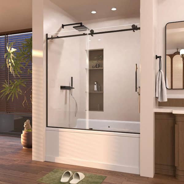 Eon 60 in. W x 60 in. H Sliding Semi Frameless Tub Door in Matte Black Finish with Clear Glass