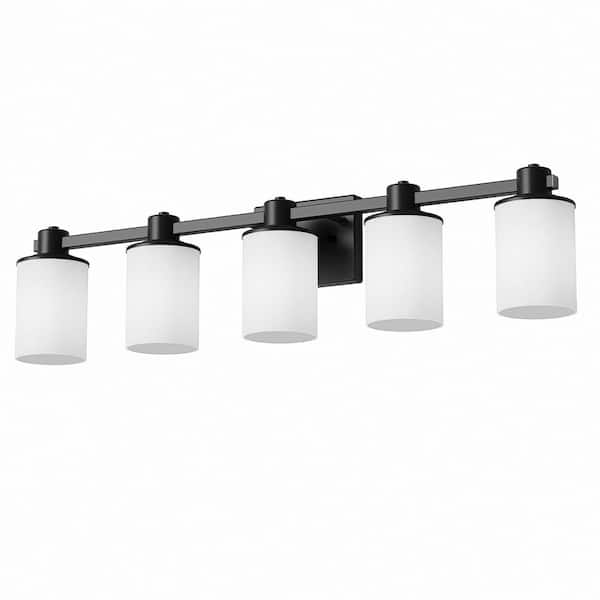 YANSUN 33 in. 5-Light Matte Black Bathroom Vanity Light, Frosted Glass Shade Wall Sconce for Bedroom, Living Room, Hallway
