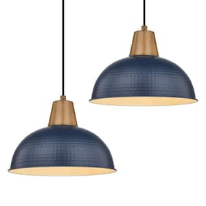 16 in. 1-Light Large Navy Blue Pendant Light Fixtures With Hammered Metal Shade for Kitchen Island (2-Pack)
