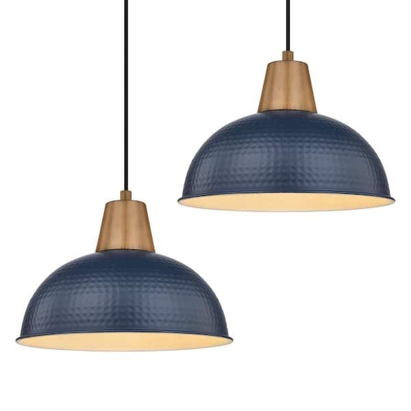 JAZAVA 16 in. 1-Light Large Navy Blue Pendant Light Fixtures With Hammered Metal Shade for Kitchen Island (2-Pack)
