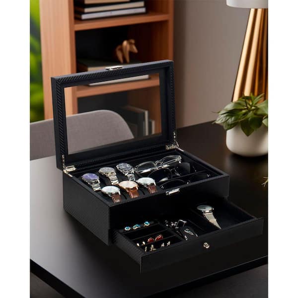 6-Slot Watch Box with 3-Slot Sunglass Organizer-Glass Lid PU