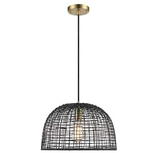 1-Light Black and Gold Pendant Light Fixture with Natural Woven Basket Shade