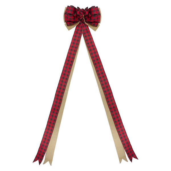 48in. x 10in. Burlap and Buffalo Plaid 16 Loop Christmas Bow Decoration