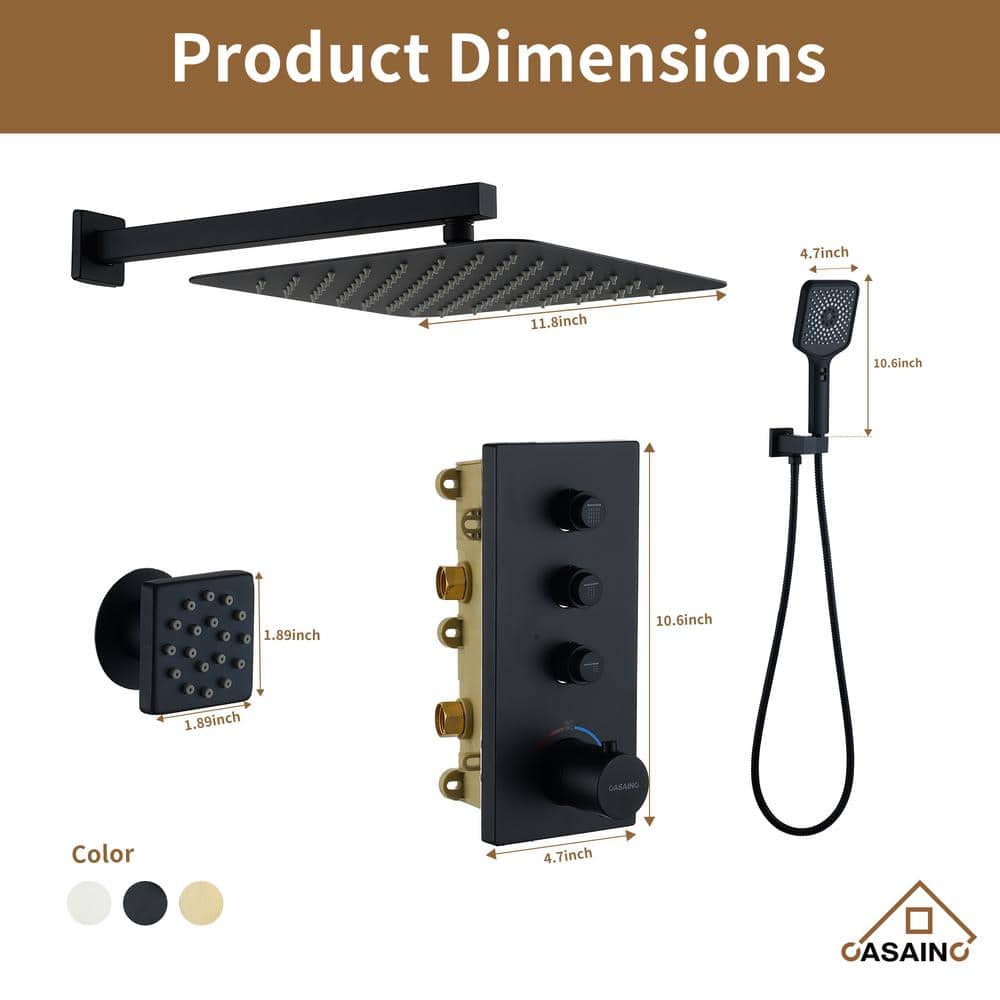 Matte Black 12-Inch Wall Mount Shower System with 6 Body Jets