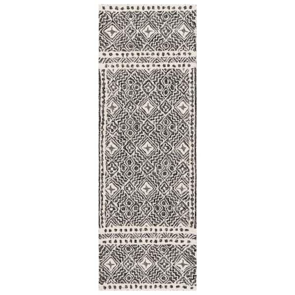 Micro-Loop 2 ft. x 7 ft. Black/Ivory Multi-Diamond Border Runner Rug
