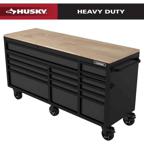 Heavy-Duty 72 in. W 15-Drawer Matte Black Mobile Workbench with Wood top