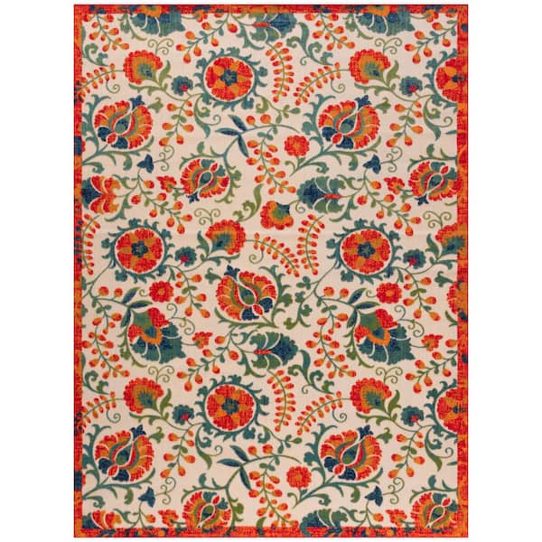 Nourison Aloha Red Multicolor 9 ft. x 12 ft. Floral Contemporary Indoor/Outdoor Area Rug