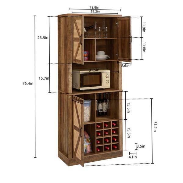 FUNKOL 31.5 in. x 15.7 in. x 76.4 in. Oak Color Wooden Wicker Wine Cabinet w/3 Valley Doors Microwav Shelf & Multiple Wine Rack