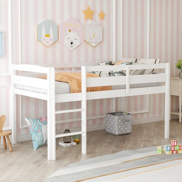 White Twin Wood Loft Bed with Ladder