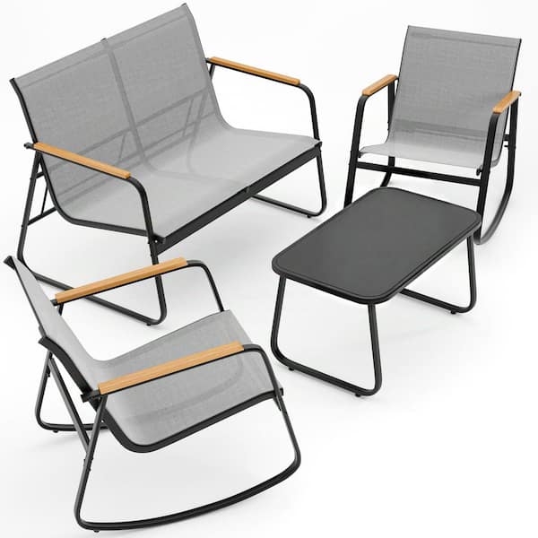 4-Piece Outdoor Bistro Set in Grey-Includes 2 Rocking Chairs for Garden, Lawn or Pool Area