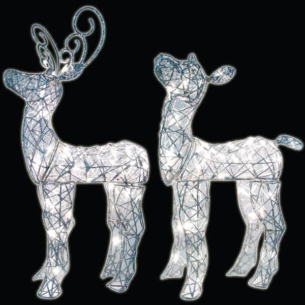 Unbranded 2 Count 24 in. and 28in. 50-Light LED Baby Deer Woven Glitter Wireframe