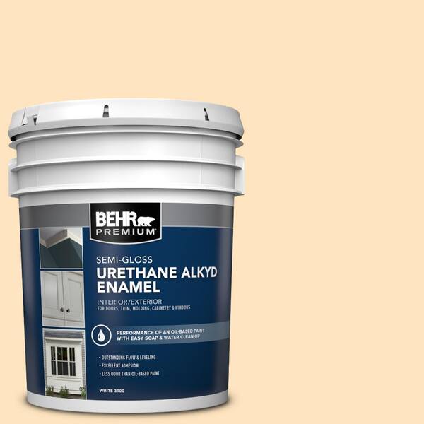 BEHR PREMIUM 5 gal. #320C-2 Cream Yellow Urethane Alkyd Semi-Gloss Enamel Interior/Exterior Paint