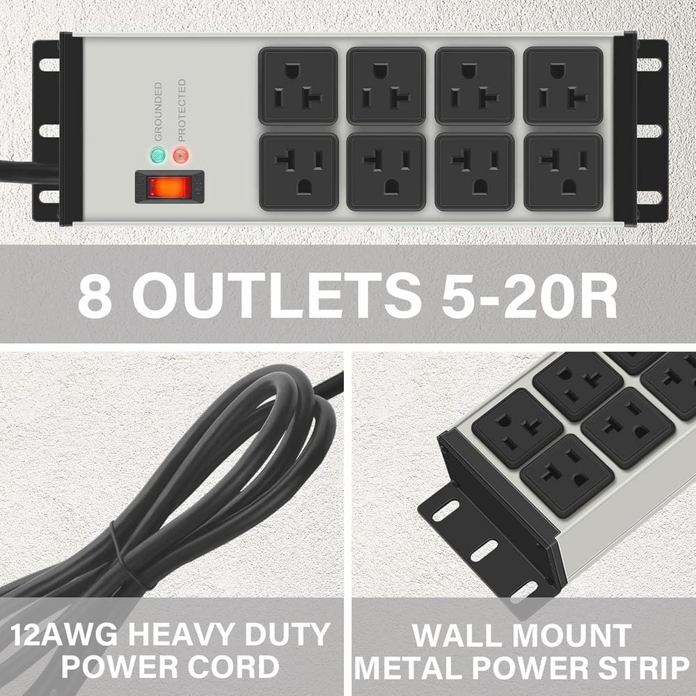 Gray Heavy Duty 8-Outlet Metal Power Strip with 6 ft Cord