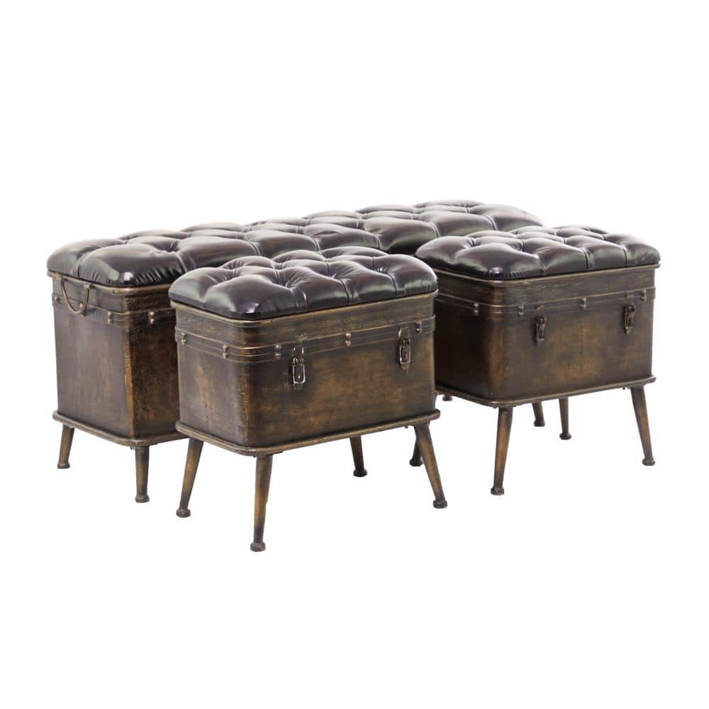 Brown Metal Storage Bench with Tufted Faux Leather Set