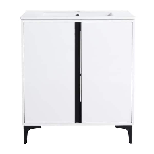 30 in. Single Sink Freestanding Bath Vanity with White Ceramic Top in White