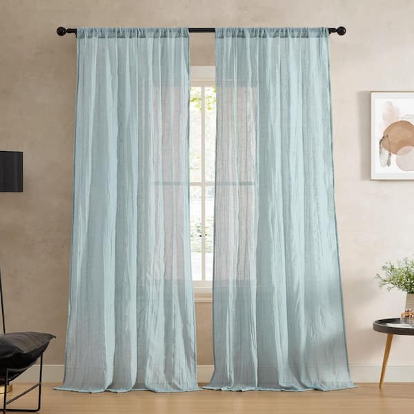 Charter Aqua Faux Linen Solid 50 in. W x 84 in. L Easy Care Rod Pocket Indoor Sheer Curtain (Set of 2 Panels)