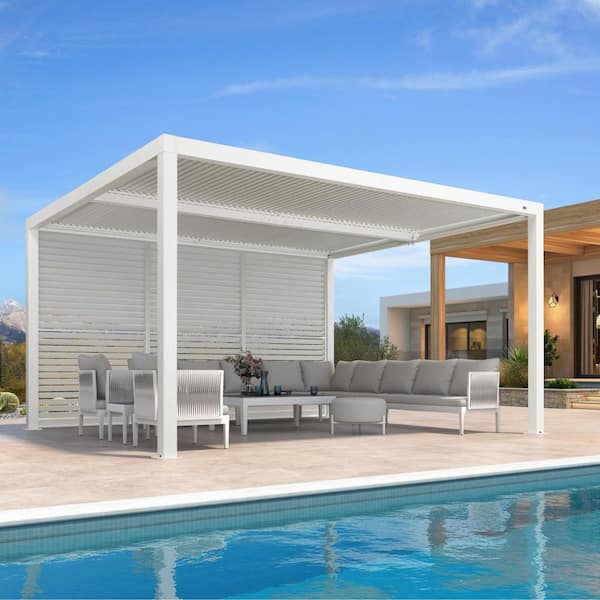 12 ft. x 14 ft. White Aluminum Louvered Pergola with 2-Adjustable Sunshade Roofs and 1-Long Side Fixed Shutter Wall