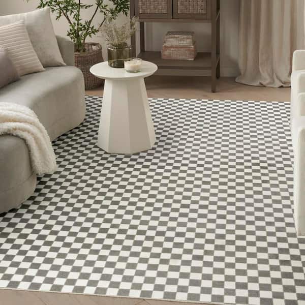 Serenity Home Ivory Grey 8 ft. x 10 ft. Checker Contemporary Area Rug