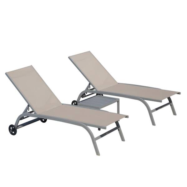 Otryad 3-Pieces Khaki Metal Outdoor Chaise Lounge with Wheels, Lounge Chairs with 5 Adjustable Position for Patio, Beach
