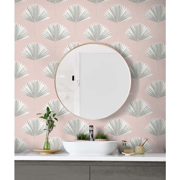 Pink Mist Tropical Fan Palm Vinyl Peel and Stick Wallpaper Roll 30.75 sq. ft.
