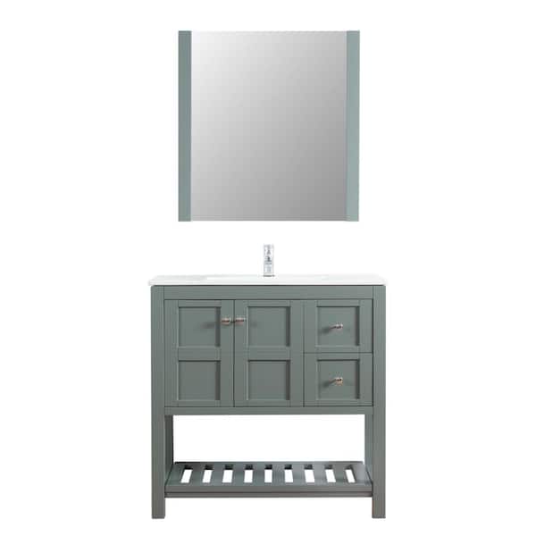 Unbranded Manhattan 36 in. W x 18 in. D Vanity in Grey with Ceramic Top in White and Mirror