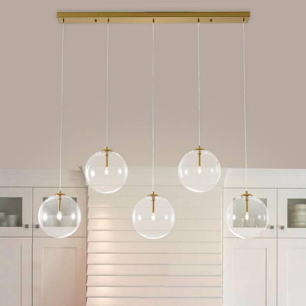 Modern 5-Light Gold Linear Chandelier, Cluster Island Pendant Light for Kitchen Island