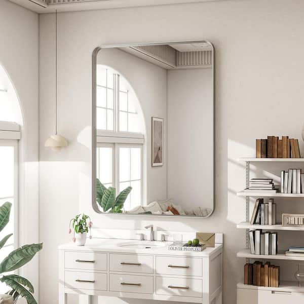 XRAMFY 29.5 in. W x 39.4 in. H Modern Rectangular Rounded Silver Aluminum Deep Framed Full Length Mirror Wall Mirror