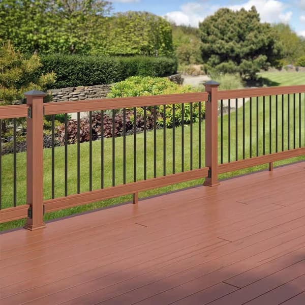 3 ft. x 6 ft. Pressure-Treated Redwood-Tone Pine Wood Deck Line Railing Kit with Black Aluminum Round Balusters