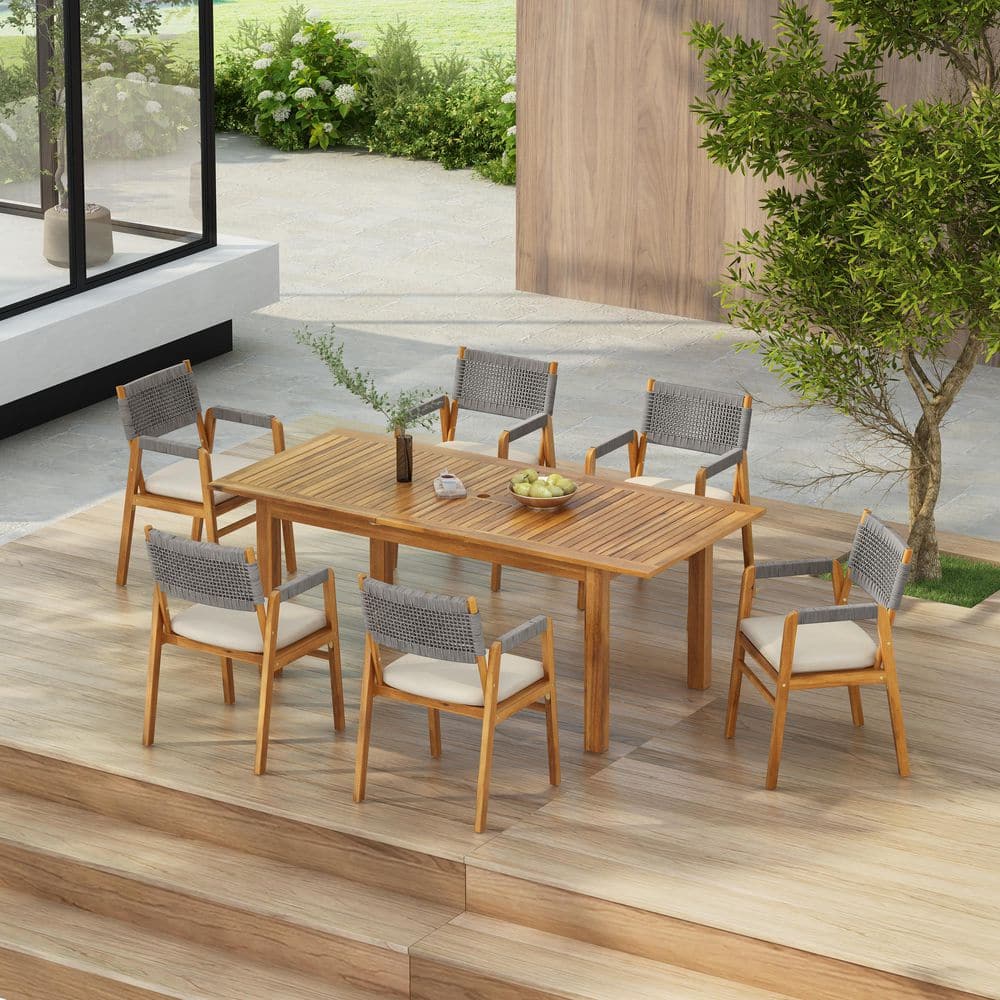Agnes 7-Piece Wood and Rope Woven Rectangle Patio Outdoor Dining Set with Beige Cushion Expandable Table Teak plus Grey price history on PriceWatchPro