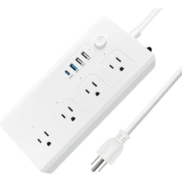 4-Outlets Smart Power Strip Surge Protection with USB Port, Remote Control and Timer, 5 ft. Extension Cord in White