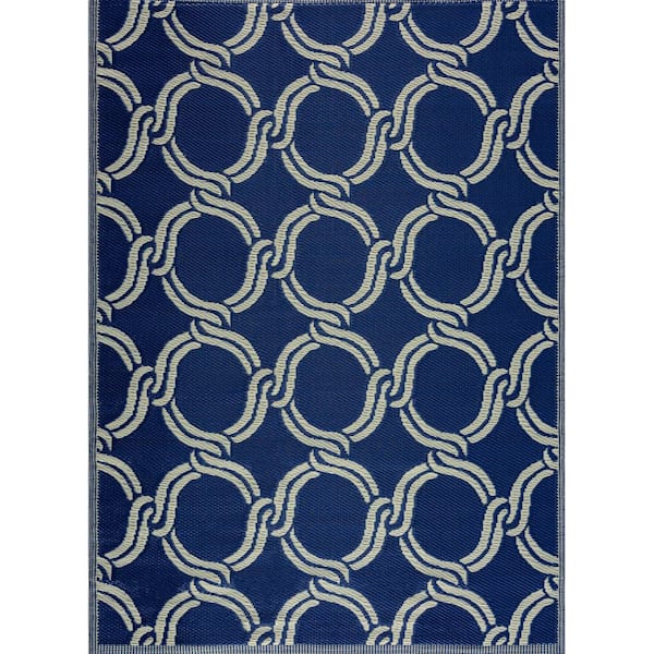 Mykonos Navy Creme 6 ft. x 9 ft. Reversible Recycled Plastic Indoor/Outdoor Area Rug